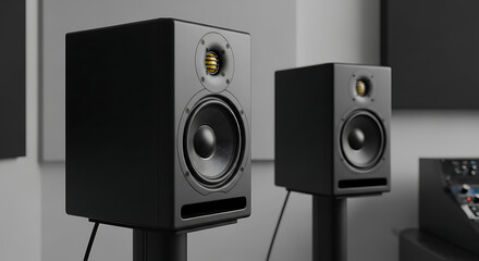 Obraz premium Close up of two black studio monitor speakers on stands in a modern recording studio space setup ai generated