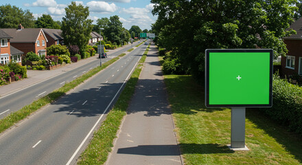 Bright green screen billboard on sunny roadside offers vast advertising potential for your next campaign