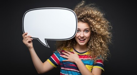 Cheerful thought: A vibrant and vivacious woman, with an expression of pure joy, holding a speech bubble, capturing an evocative expression and the beauty of open communication. 