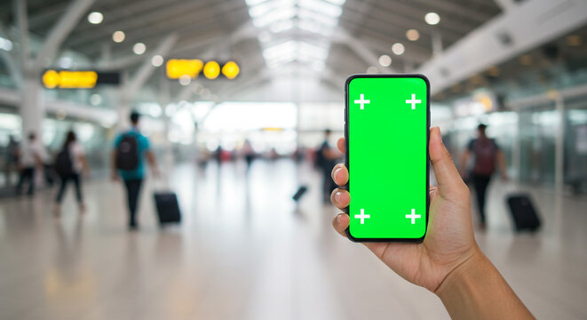 Hand holds smartphone with green screen in busy airport terminal, travelers with luggage blurred background