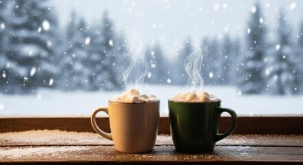 cozy hot chocolate mugs with marshmallows on a snowy window sill