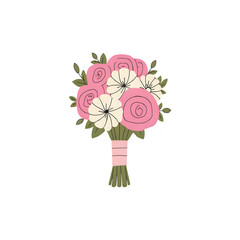Elegant Pink and White Floral Bouquet Illustration: Wedding Flowers, Bridal Bouquet Design, Romantic Roses