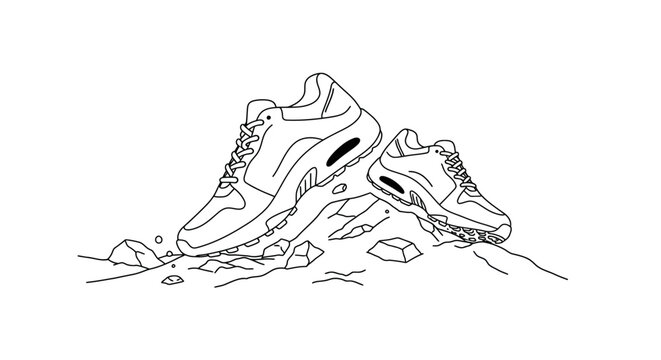 Minimalist line art sneakers on rocky terrain