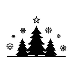 Vector art of silhouette of christmas trees with star and snowflakes for christmas and new year design