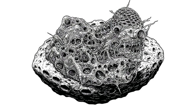 Intricate organic structure on textured surface: detailed black and white artistic design