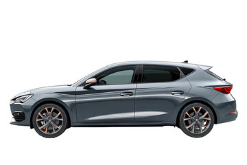 Fototapeta premium Side profile of a modern, gray hatchback. Sleek lines, alloy wheels, and tinted windows