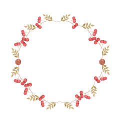 A round frame with leaves, branches, and rowan berries. 