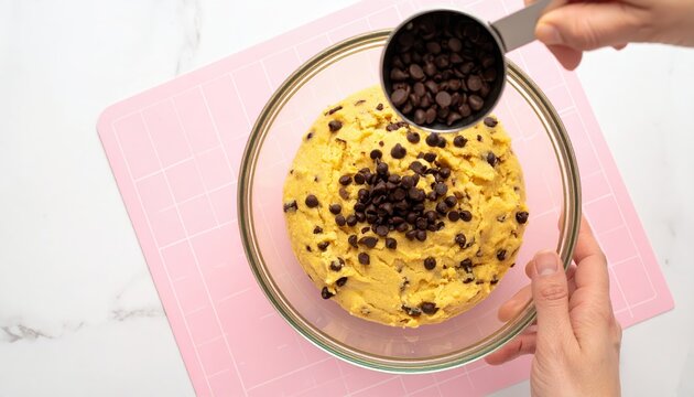 adding chocolate chips to cookie dough in glass bowl - Powered by Adobe