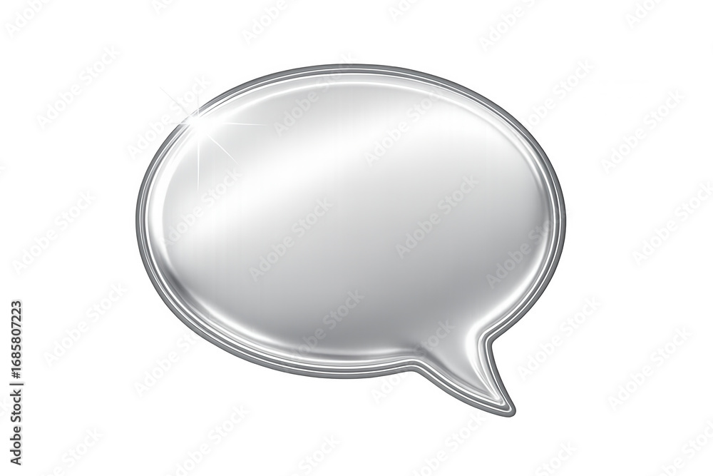 Poster metallic silver speech bubble gleaming with bright highlight, floating against transparent surface f