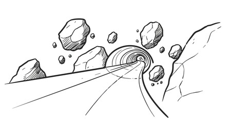 Monochrome space tunnel with floating asteroids in line art style