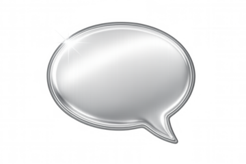Metallic silver speech bubble gleaming with bright highlight, floating against transparent surface for digital communication graphics