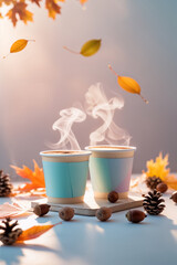 paper cup with hot coffee on the table autumn leaves are falling
