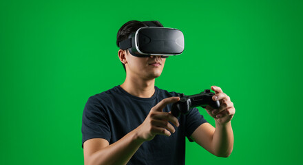 Immersive virtual reality experience with gamer holding controller, ready for adventure