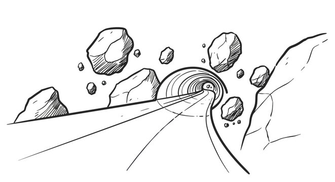 Monochrome space tunnel with floating asteroids in line art style