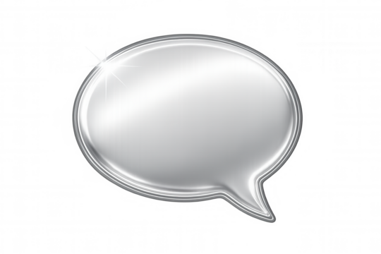 Metallic silver speech bubble gleaming with bright highlight, floating against transparent surface for digital communication graphics - Powered by Adobe