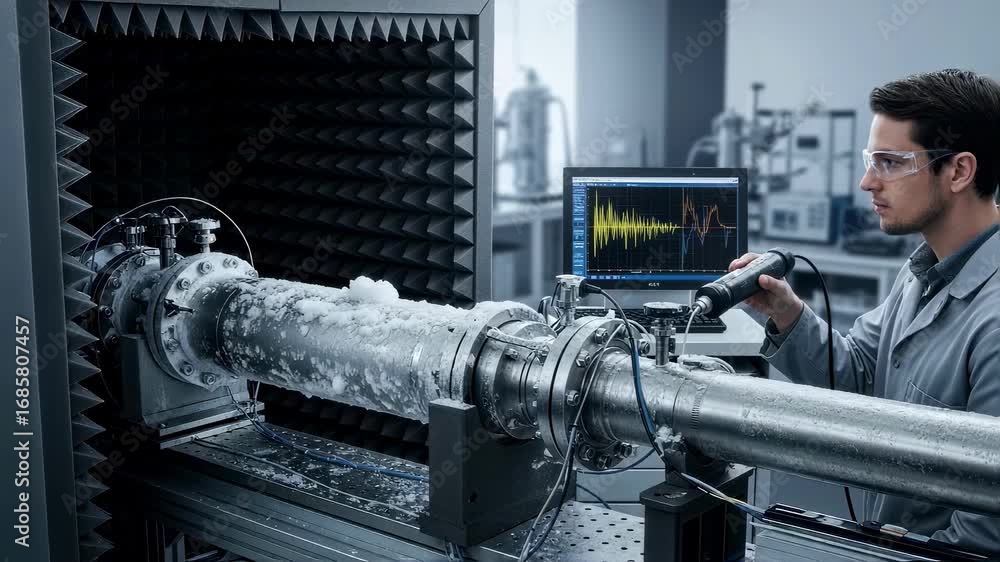 Poster Ambient noise control being applied during acoustic leak detection testing on a cryogenic hydrogen pipeline segment in a lab.