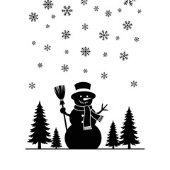 Vector art of snowman with trees and snowflakes for christmas time and winter holidays with festive decoration