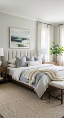 Serene Modern Bedroom with Upholstered Headboard, Neutral and Light Blue Bedding, Chunky Knit Throw, Abstract Wall Art, and Natural Light