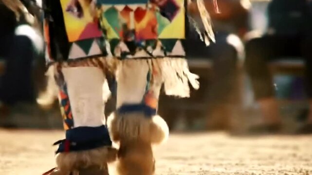 Closeup of a persons legs and feet adorned in traditional native american regalia, including colorful beadwork and fringe, during a powwow dance