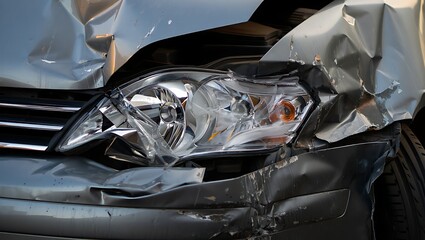 Front end collision damage on a modern car headlight and bumper