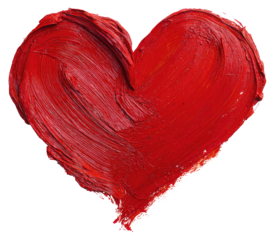 A vibrant, textured heart shape painted in rich red.  Brushstrokes create a bold, expressive form