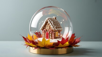 Brown gingerbread house inside glass snow globe stands on red-yellow maple leaves. Product photography, background use, holiday greeting card.