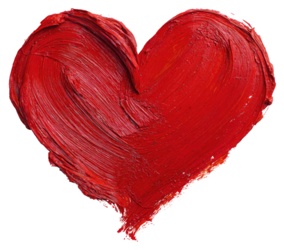 A vibrant, textured heart shape painted in rich red.  Brushstrokes create a bold, expressive form