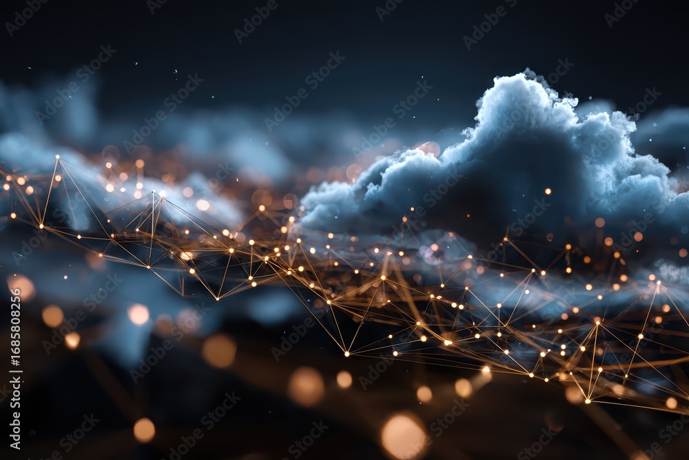 Aufkleber dynamic data cloud storage network depicted through interconnected lines and triangles, showcasing a