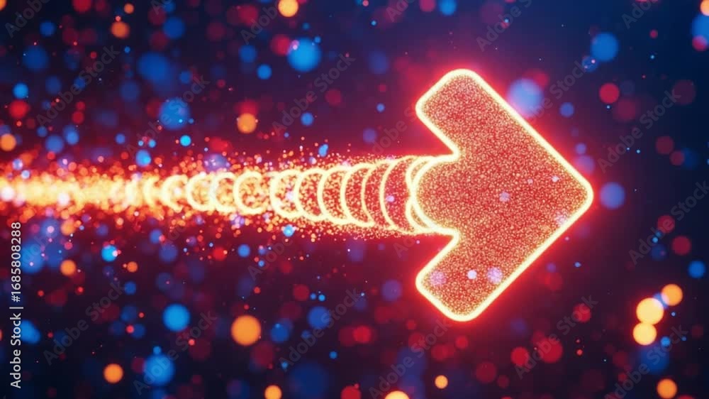 Poster glowing arrow with particle trail pointing right amidst bokeh lights in a dark background scene