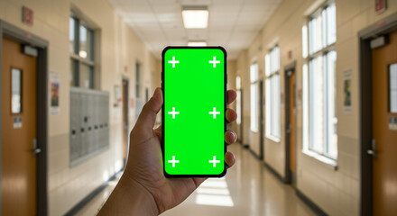 Hand holds smartphone with vibrant green screen and tracking markers in empty school hallway