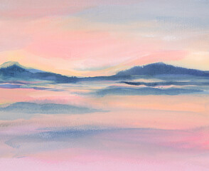 Art Acrylic, watercolor Wave  brush stroke smear blot painting landscape. Abstract pink neon pastel color stain background.