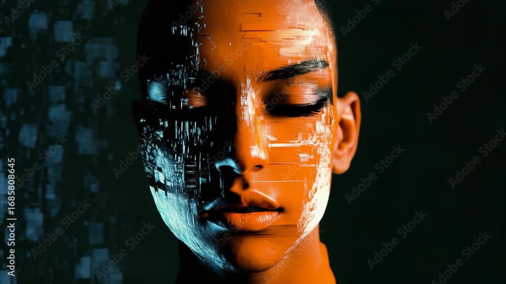 Poster digital transformation changing human face with data flowing