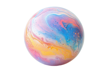 Vibrant abstract soap bubble with iridescent rainbow colors swirling, isolated on a white background