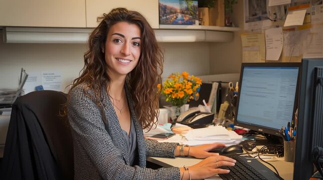 Happy young adult woman with dark curly hair and medium skin types, wearing a grey blazer over a grey top, sits at a cluttered office desk with dual computer monitors