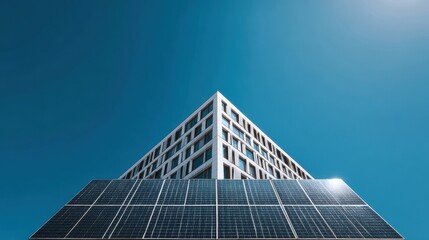 Modern building with solar panels under clear blue sky on a sunny day