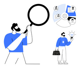 Male character using magnifying glass for research, carrying briefcase and idea bulb, with process diagram. Ideal for investigation, analysis, teamwork, idea generation, project management