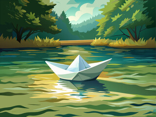 Paper Boat Floating on Calm Water