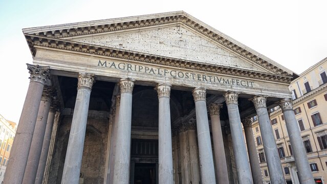 Rome, Italy - 10 January 2025. The Pantheon&rsquo;s facade displays massive stone columns and the inscription crediting Marcus Agrippa, surrounded by Roman-era and modern buildings.