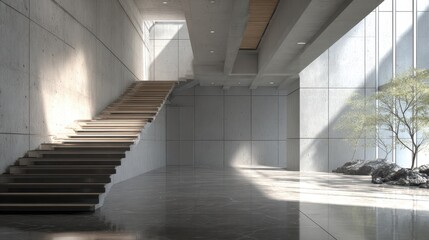 Obraz premium Modern architectural interior with concrete walls and staircase in a minimalist design setting