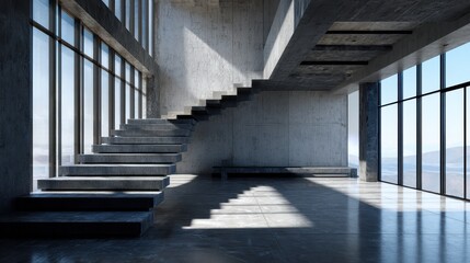 Obraz premium Modern architectural interior with angular concrete stairs and large glass windows in bright natural light