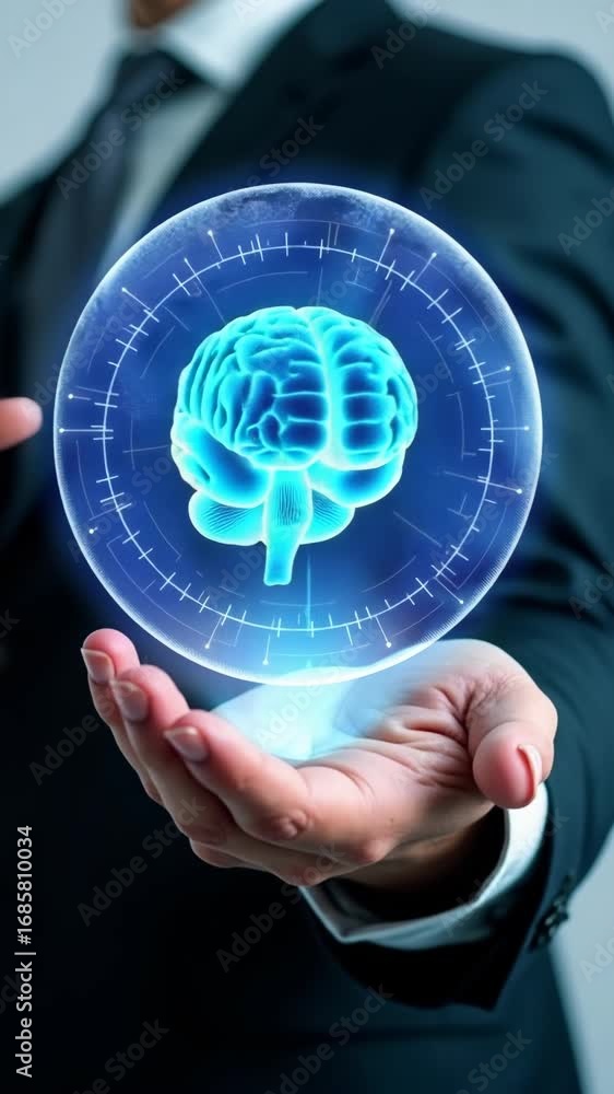 Poster businessman holding in hand data of brain digital. artificial intelligence technology. machine learn