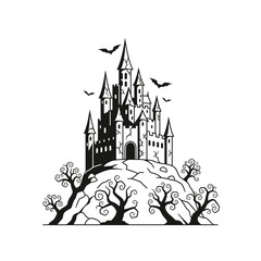 Fototapeta premium Vector art of creepy castle on a hill with bare trees, perfect for halloween decorations and spooky designs
