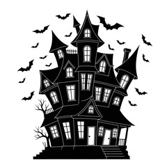 Vector art of silhouette of a spooky haunted house with bats flying around for halloween or gothic architecture design