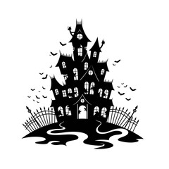 Vector art of silhouette of a spooky haunted house with bats flying around for halloween or gothic architecture design