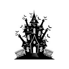Vector art of eerie haunted house with bats flying around, a perfect halloween silhouette for your creative projects