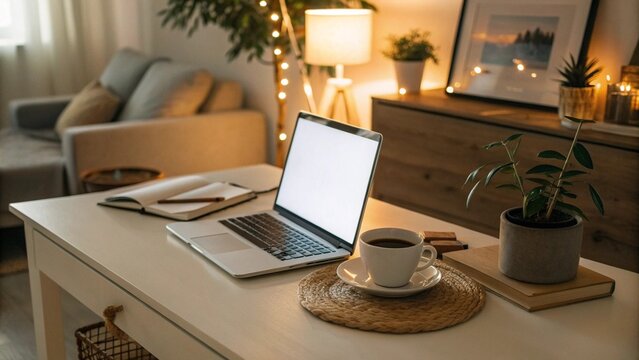 Cozy home office setup with laptop, coffee, and plants on a white desk, creating a comfortable and productive workspace in a modern interior