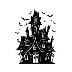 Vector art of silhouette of a spooky haunted house with bats flying around it