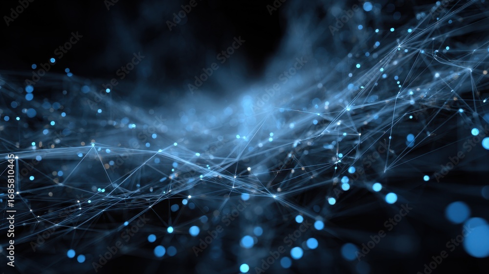 Poster digital network visualization showcasing interconnected nodes and lines in deep blue tones creating 