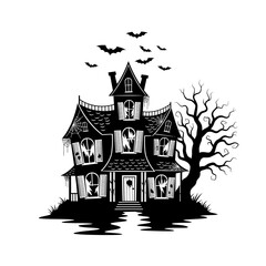Vector art of haunted house with bats flying around, a spooky and scary mansion in black and white silhouette