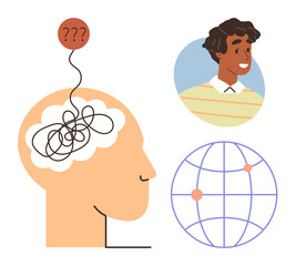 Head with swirling lines in the brain, thought bubble with question marks, smiling individual, and interconnected globe. Ideal for psychology, stress, confusion, self-improvement, communication